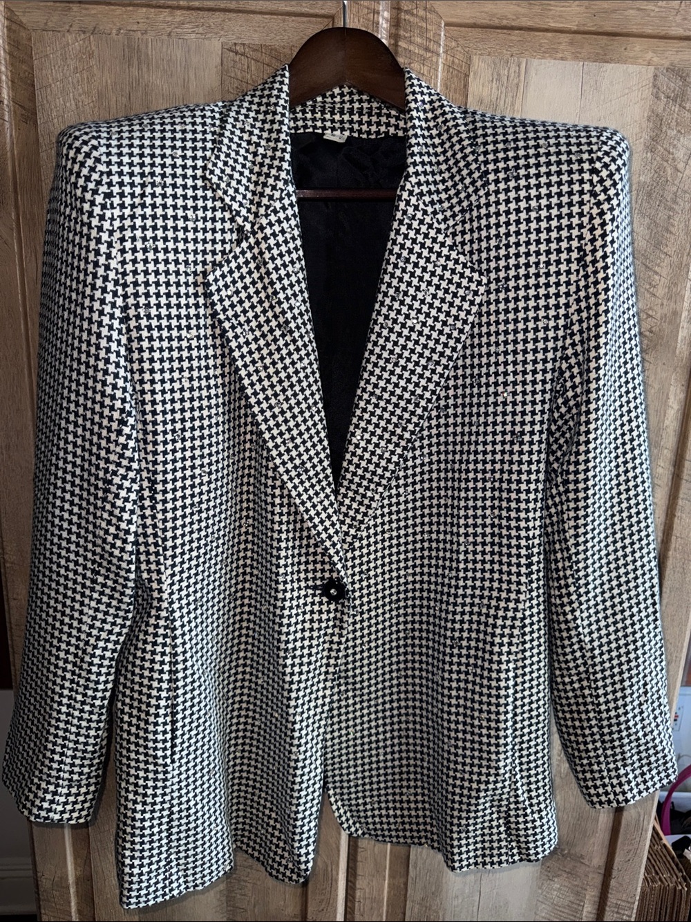 Black/White Houndstooth Blazer Jacket with rhinestones large shoulder pads sz s